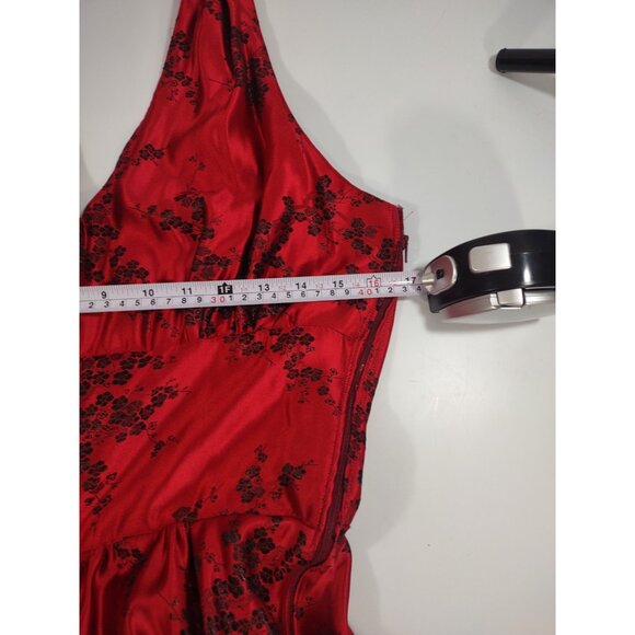 Y2K Red Halter Midi Oriental Asian Satin Feminine Prom Floral Jacquard Dress - L - Picture 9 of 11